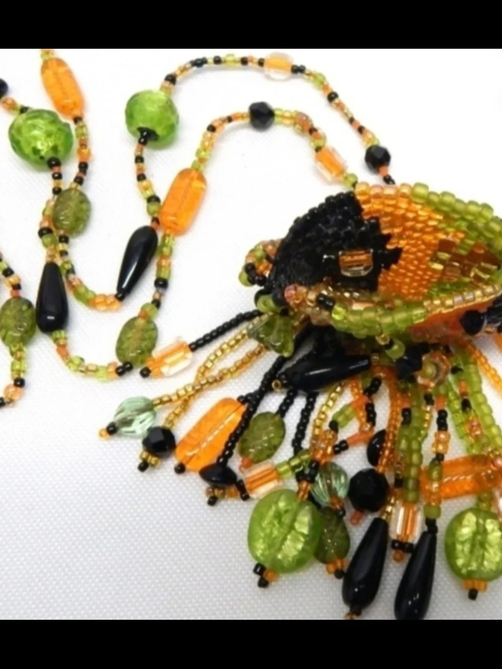 Handmade Orange & Green Beaded Fringe Necklace Glass Seed - Picture 3 of 5